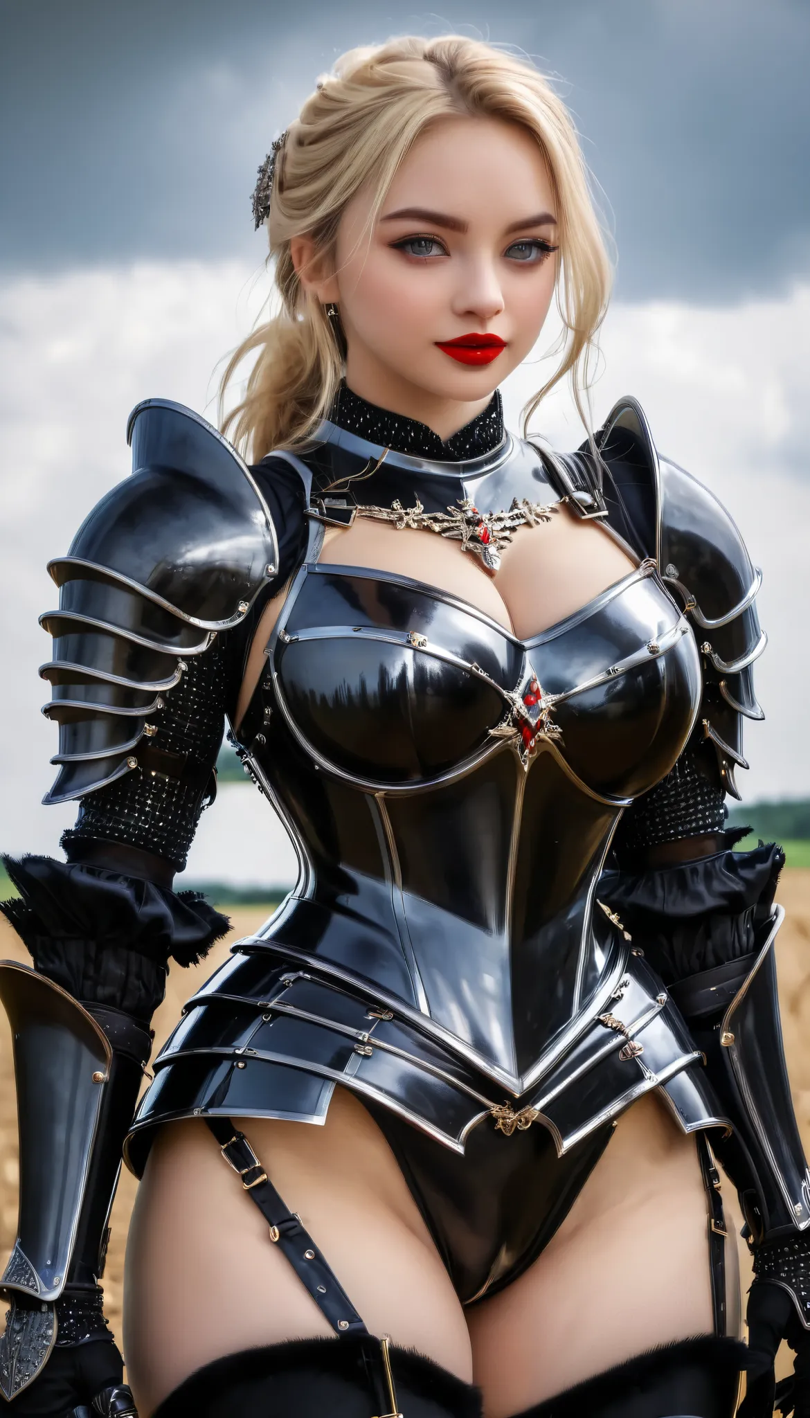       masterpiece,            Top Quality,High-ranking knight,(女性 Black Knight            _ Black Knight            :1),(Jet Black Armor:1.3), (35歳の女性 Black Knight            :1.3),、(((Very large and heavy breasts)))　    Crosseye            　,            s...