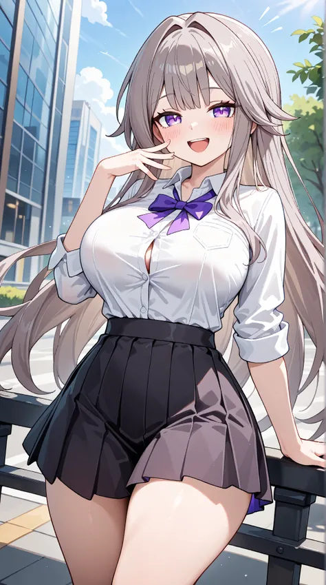  1 girl, solo, long hair, looking at viewer, blush, large breasts, purple eyes, grey hair, thick thighs herta (honkai: star rail), cowboy shots, white shirt,business shirt,taut shirt,black skirt,pleated skirt, laughing,  outdoors, 