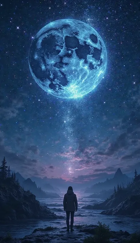 
                  The moon is brighter by many , Countless shining stars々. The starry sky sparkles、The trajectory of light is brighter.  surreal scene . Beautiful and breathtaking composition. Subtle shadows and highlights.  Dark blue and purple tones . M...