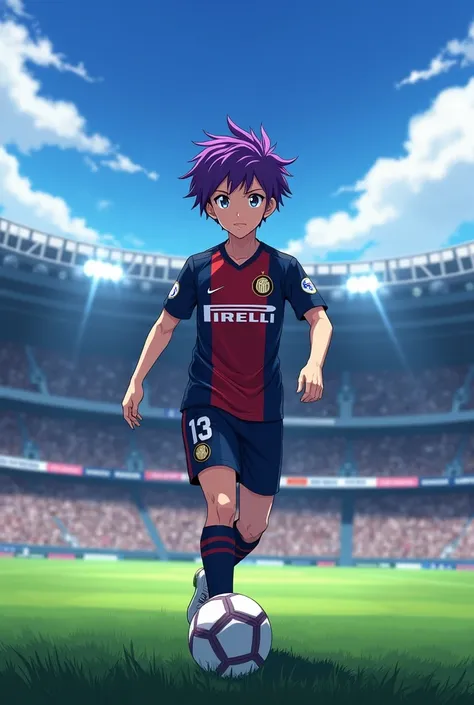 (maximum quality, better quality,  official art ,  beautiful and aesthetic :1.2)  Anime Boy, with purple hair, white eyes, Inter Milan,  playing in a soccer stadium.