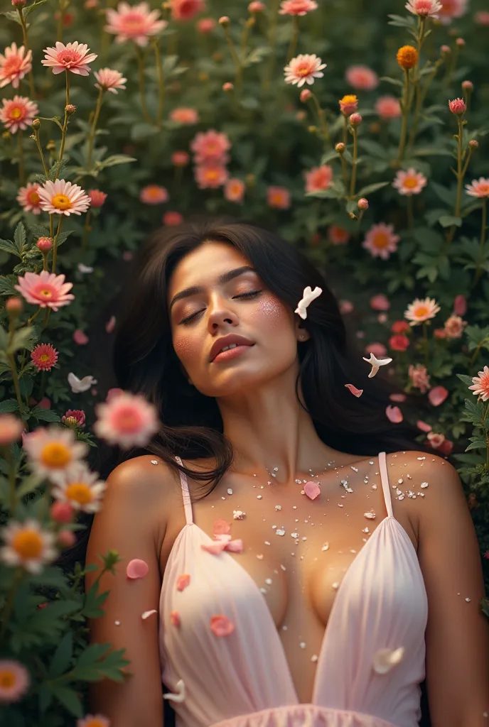 a girl  laying on the ground surrounded by confetti, singer maluma, inside the flower, 2019 trending photo, anvill, in romantic style, ascending form the sky, dream ethnology, convention photo, official media, blossoms, intimate