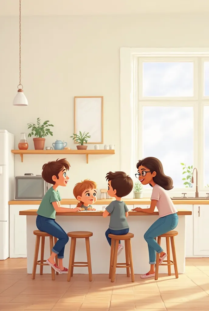 Generate some Disney Pixar-style illustrations for use as a book cover showing a white kitchen with an island and a wooden countertop with three friends chatting, two of them are girls, one with fair skin , short light brown hair and blue eyes and another ...