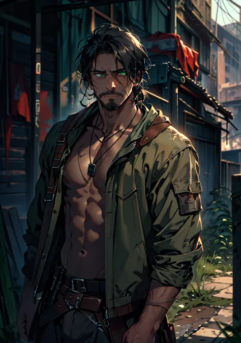 A rugged, battle-worn man in his early 40s, standing in a post-apocalyptic wasteland. He has a tall, muscular build and sharp, dark green eyes that show no emotion. A deep scar runs across his cheek, adding to his hardened appearance. His black hair is unk...