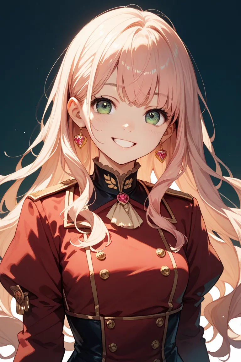 1 girl,long hair,hair color mixed with pink and gold, eyes are green ,Smiling,long hair,Hair that is loosely wavy,Are you wearing a Royal Academy uniform,has small breasts,bangs,Smiling,cute,anime, plain background,