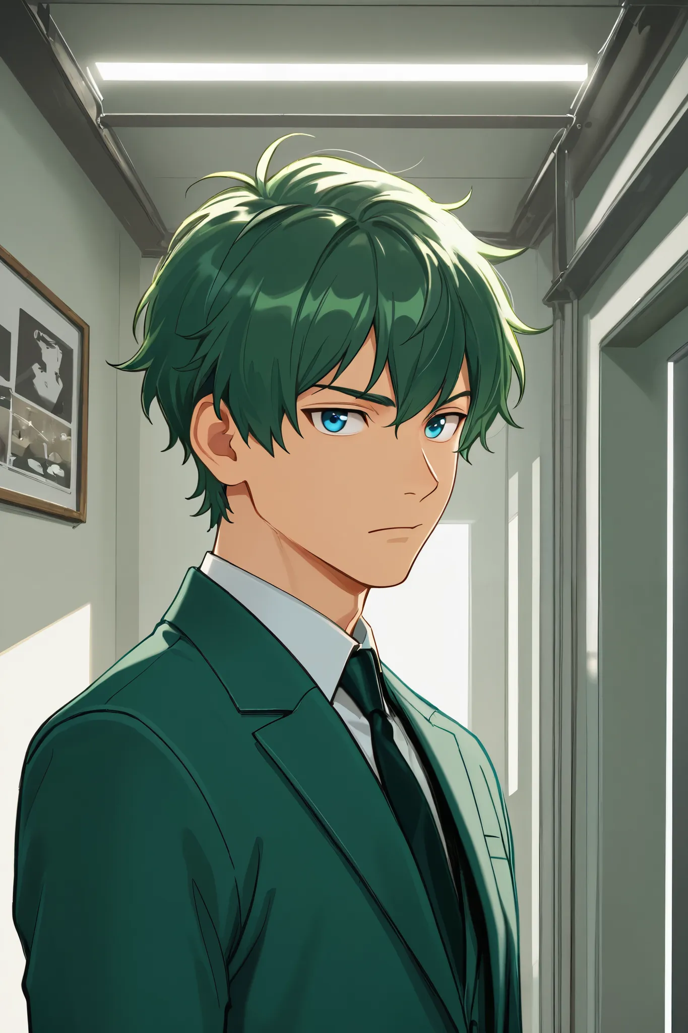 1boy, tall, green hair, short hair, blue eyes, dark green suit