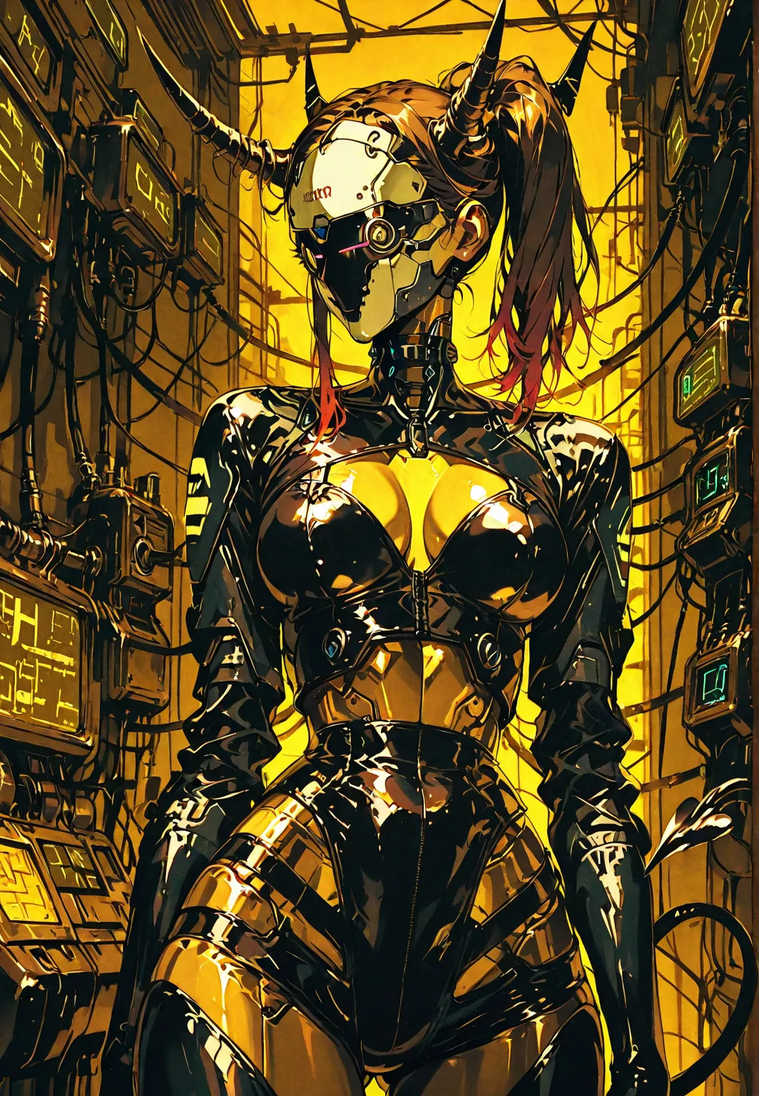 front view:  demon girl , yellow-skinned breasts, Horns, TAIL , latex costume,  robotic circuits , breasts, devices futuristic, aggressive, brown, ((Crucified in a cybernetic machine)), circuits, . Background: cyberpunk factory. dark atmosphere.