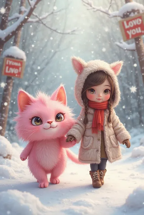 A pink cat with beauty  girl walking in winter day under snow and signs i love you momy