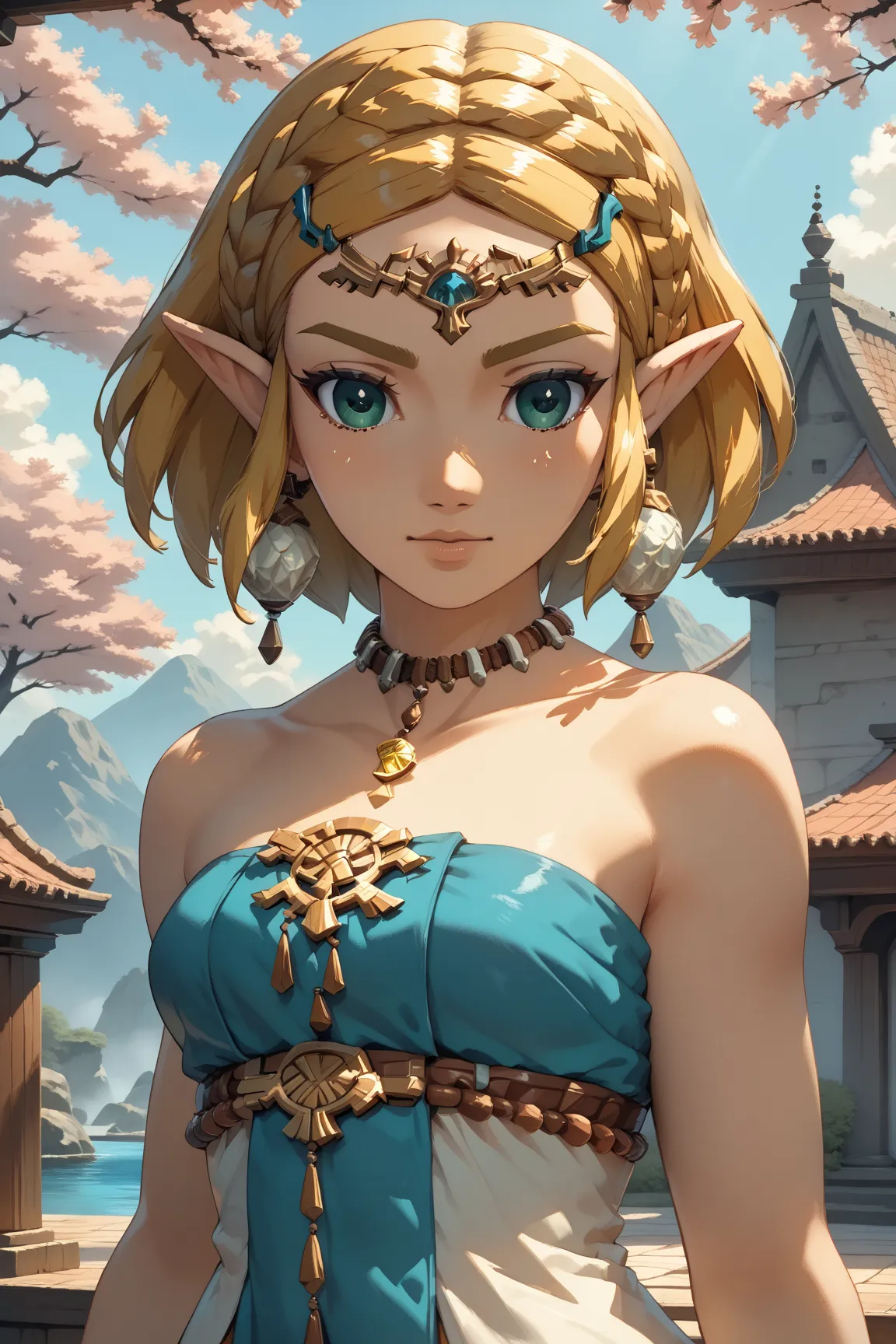 High Resolution, Masterpiece, Best Quality, Super Detailed 
Beautiful portrait,Princess Zelda from Tears of the Kingdom, 1 girl, close-up, gorgous, alluring, gorgeous body, breasts, green eyes, portrait Beautiful Princess Zelda inside gold clouds , short b...