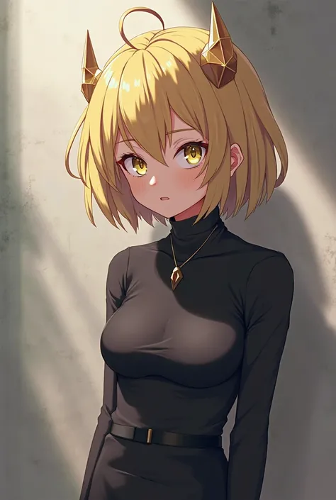 Anime woman with short hair and blonde bangs with small golden horns and a black turtleneck and a short black skirt with pink slippers