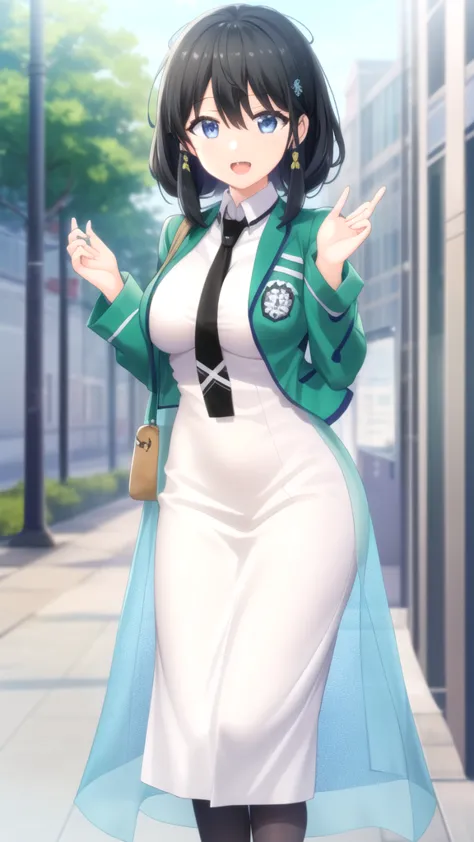 masterpiece, best quality, high quality, girl, solo, looking at viewer, masamune_makabe, black hair, blue eyes, large breasts, school uniform, magic_high_school_uniform,green jacket,white dress,black necktie, standing, smile, open mouth, outdoors