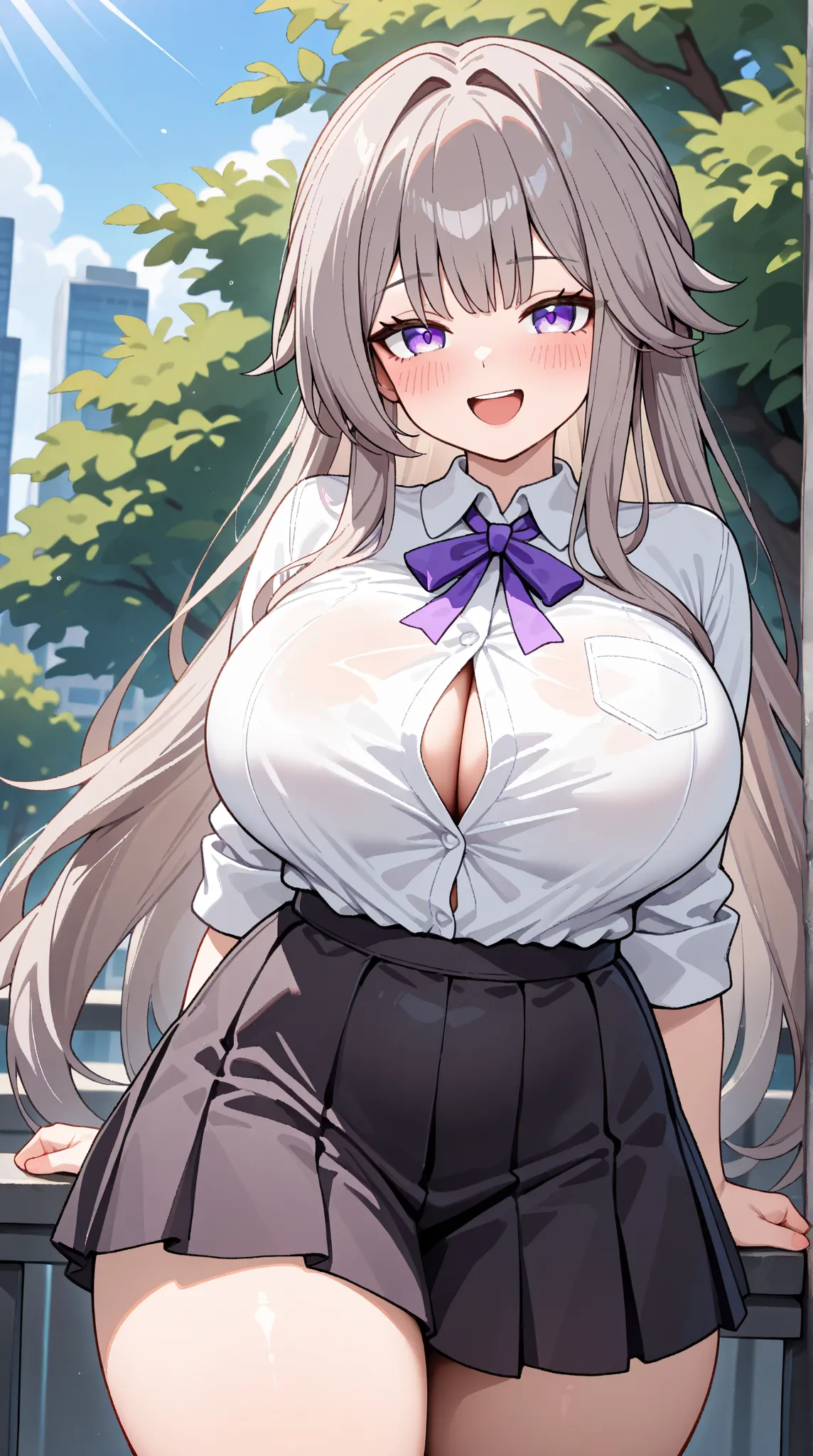  1 girl, solo, long hair, looking at viewer, blush, large breasts, purple eyes, grey hair, thick thighs herta (honkai: star rail), cowboy shots, white shirt,business shirt,taut shirt,black skirt,pleated skirt, laughing,  outdoors, bursting breasts,chubby,