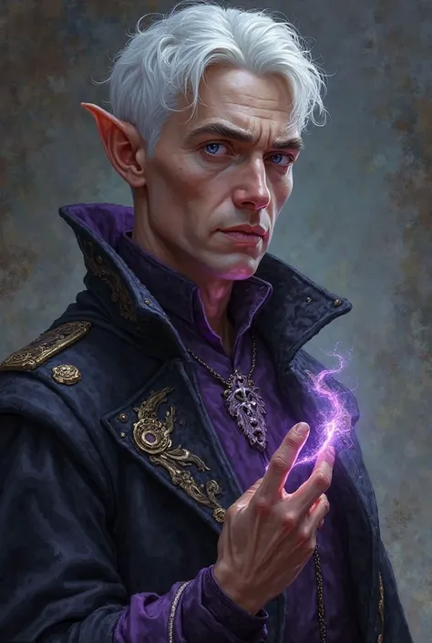 Create the image of a half-elf man around 30 years old , He has short white hair, has purple eyes and wears black and purple clothes like that of a wizard