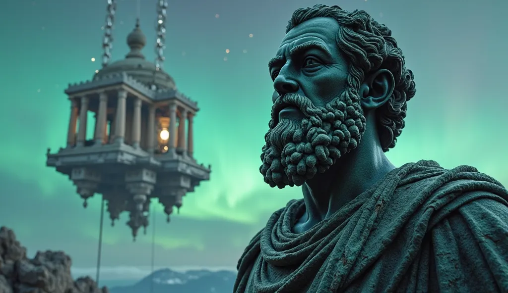 "A colossal bust of Epictetus, carved from obsidian, stands at the entrance of a grand temple suspended in the sky, with silver chains connecting it to the heavens, while a soft aurora dances in the background."