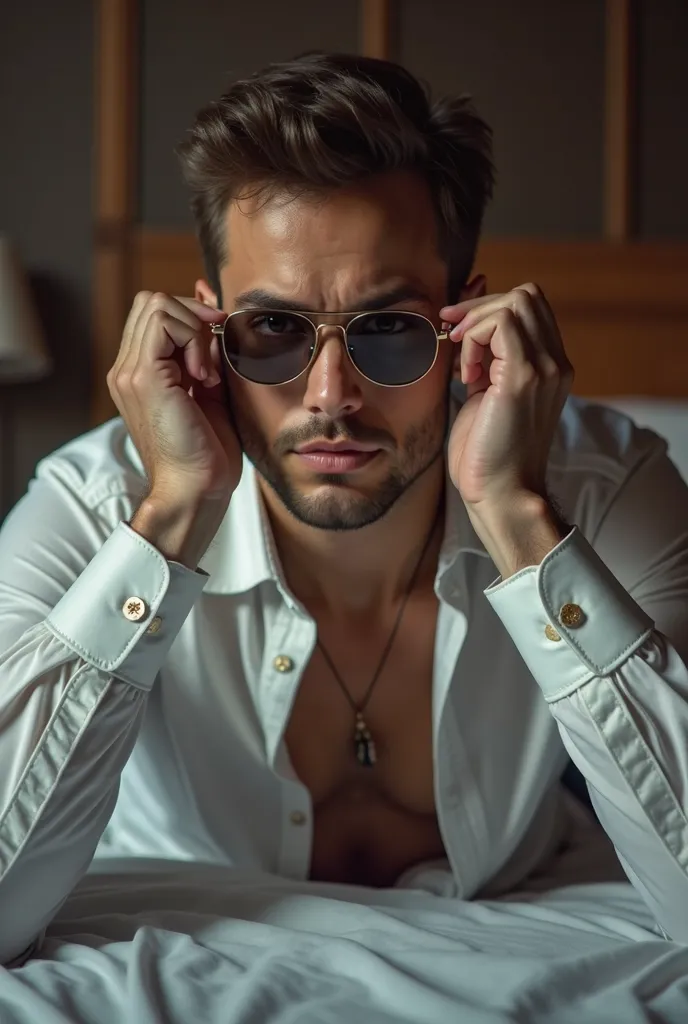 Create a beautiful female office worker with lenses with large proportions and with a seductive look, His shirt is unbuttoned and he bites his lip while he sees us lying on a bed