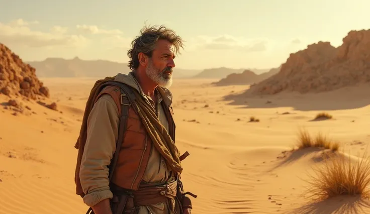 A man walks alone in a desert, stopping suddenly when he realizes that he has taken the wrong path, and looking back in sadness.   Cinematic image,4K, high definition