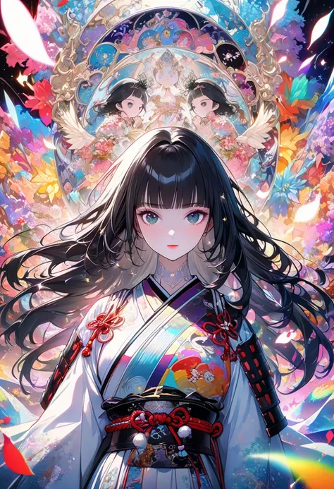 (((Woman, Samurai, Wearing Japanese Armor, Black Hair, Hime Cut, Silver Beautiful Colorful, Angelic Beautiful, Amazing, Insane Difficult, Background, Elegant, Vast, Retro)))), ((High Resolution, Ultra High Resolution, Kaleidoscopic Images, Symmetrical Patt...