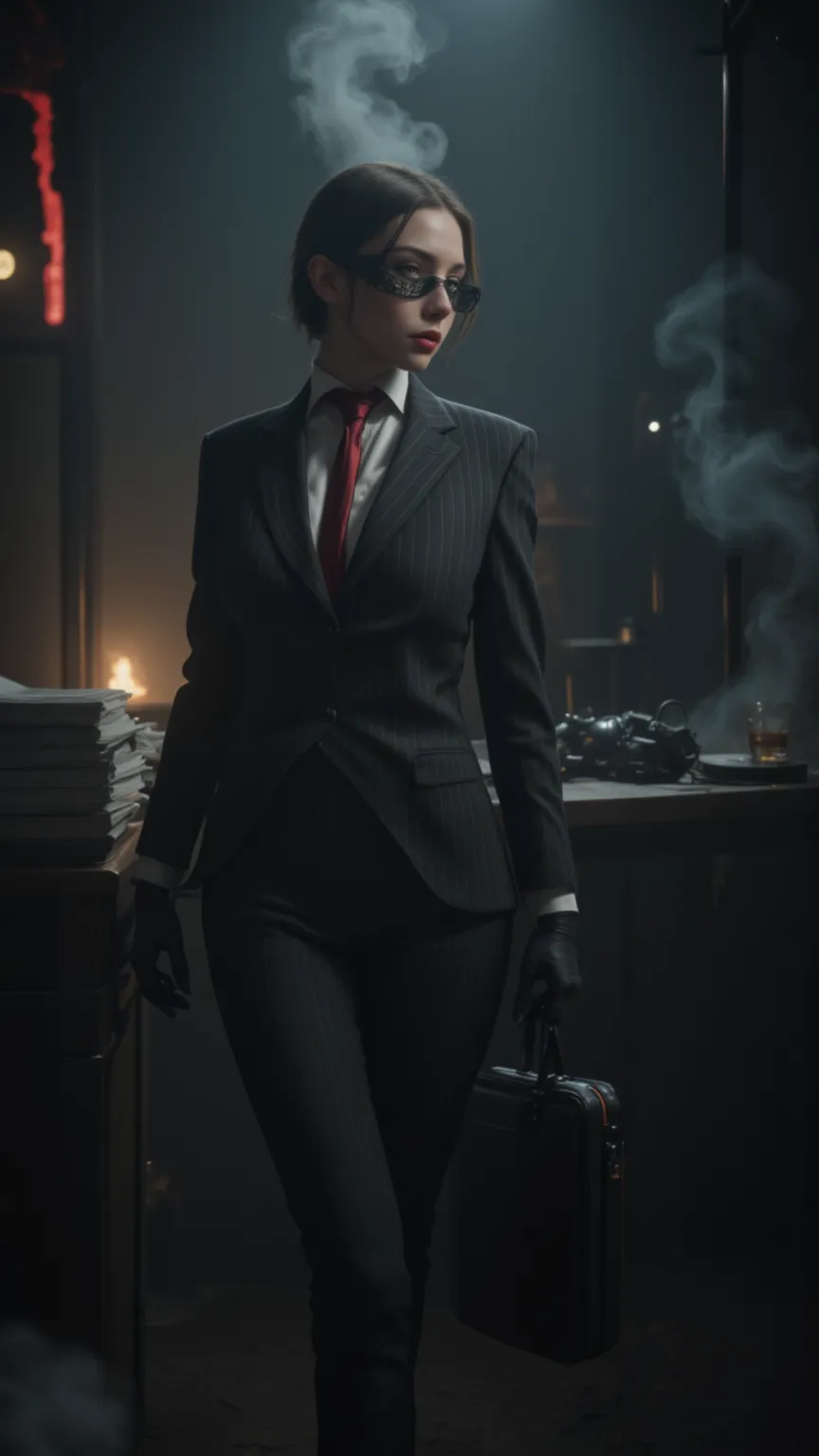 "A striking female mafia lawyer with an air of mystery and authority, wearing a perfectly tailored black pinstripe suit with a fitted waistcoat, high-collared white blouse, and a deep red silk cravat. Her long, sleek gloves add a touch of elegance, and a s...