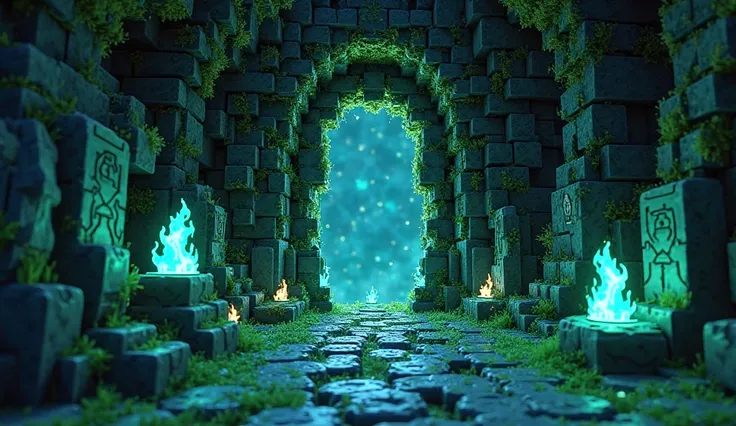 A close-up view of a fantasy Minecraft-inspired hidden cave entrance covered in glowing moss and mysterious symbols. The entrance is surrounded by enchanted blue fire torches and ancient stone statues, giving it a forgotten, mystical atmosphere. ultra hd m...