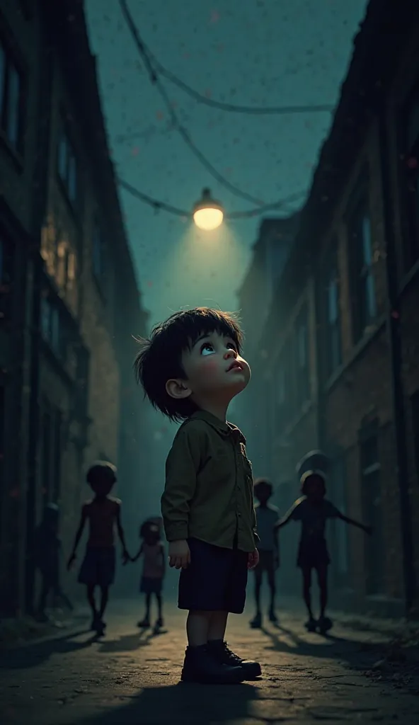 A small  standing in a dark alley, looking up at the sky with tears in their eyes. The background shows silhouettes of happy families passing by, emphasizing the 's loneliness. The lighting is dim, with a single streetlight casting a long shadow behind the...