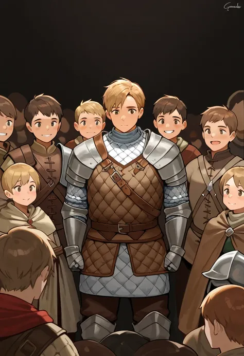  (cute males and females: 1.1), (height difference: 1.1), simple background, (macro size: 1.1), (multiple people: 1.2), (a male towering over his friends) (closeup cute male chest and face), medieval, fantasy, gambeson, armor