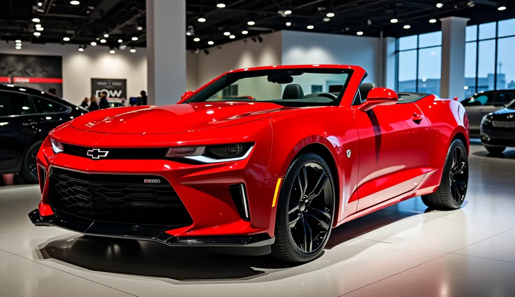 Here’s your optimized prompt for a front-angle side view:

"A stunning 2025 Chevrolet Bel-Air convertible in a luxurious red color, displayed in a high-end showroom. The image captures a front three-quarter angle, showcasing its aggressive front grille, sh...