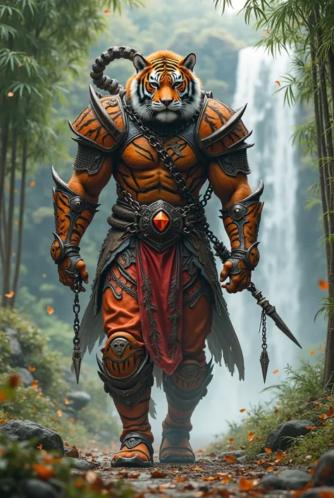 front view,gallant knight with Tiger Head,yellow-eyed ,and human body,athletic body hairy orange with black stripes,wearing colossal combat armor with orange jewel ornament Epic orange, Black combination ,red and white,wearing black batik belt fabric,Walki...