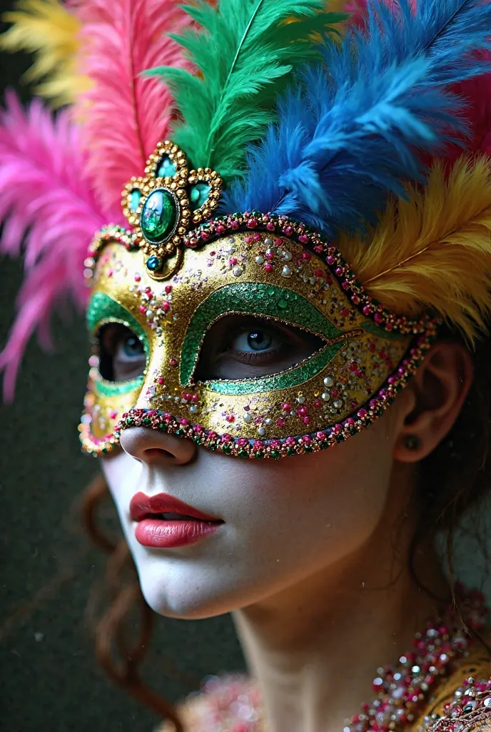 Mardi gras mask w beads Pink feathers on it with The starting color, pink green blue yellow