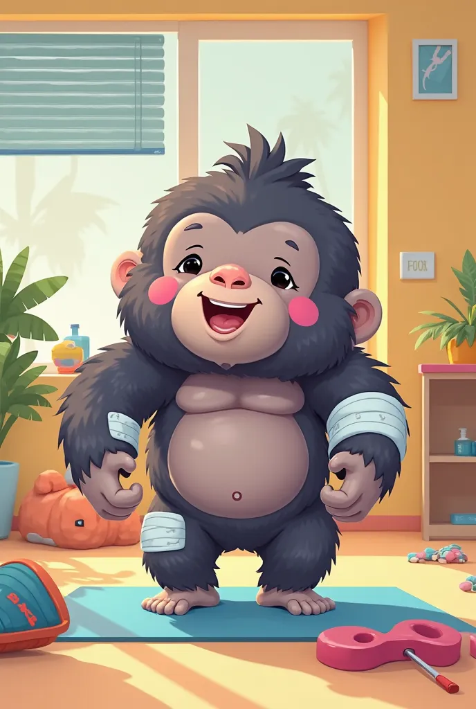 Kawaii fitness gorilla doing sports and wearing physiotherapy bandages 