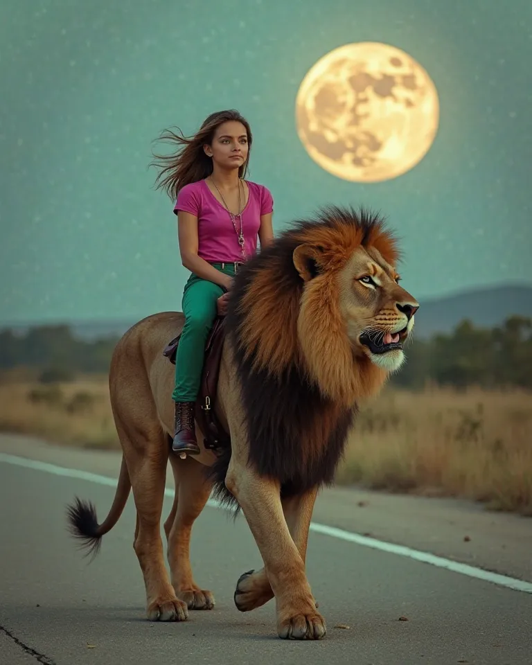 Create a REALISTIC HD 8K PHOTO image, Where can you see a girl wearing green denim pants and a fuchsia shirt and boots riding a lion 4 times larger, very muscular and with an abundant mane, They are walking on a highway leaving the city of Dallas, volcano ...