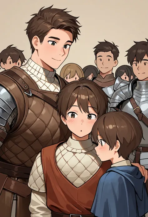  (cute males and females: 1.1), (height difference: 1.1), simple background, (macro size: 1.1), in living room, (multiple people: 1.2), (a cute femboy male towering over his friends) (closeup cute male chest and face), medieval, armor, gambeson