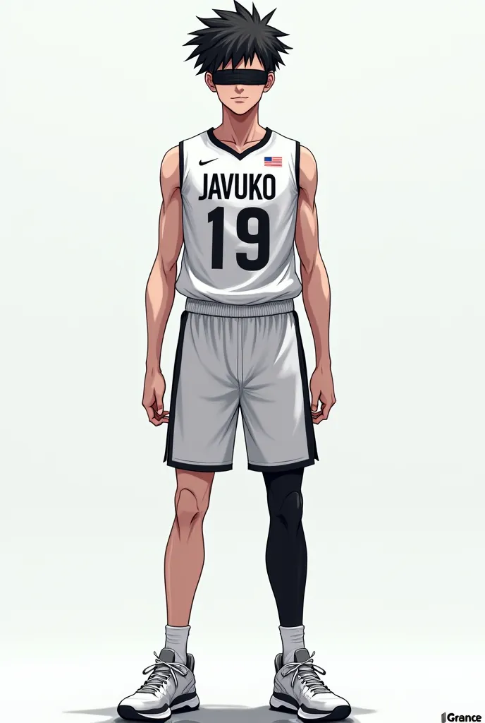  boy 6'1 tall wears a black blindfold wearing a white jersey named Javuko number 19 anime character 