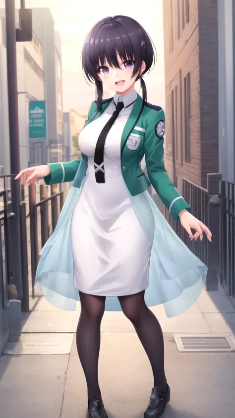 masterpiece, best quality, high quality, girl, solo, looking at viewer, amane_fujimiya, large breasts, school uniform, magic_high_school_uniform,green jacket,white dress,black necktie, standing, smile, open mouth, outdoors