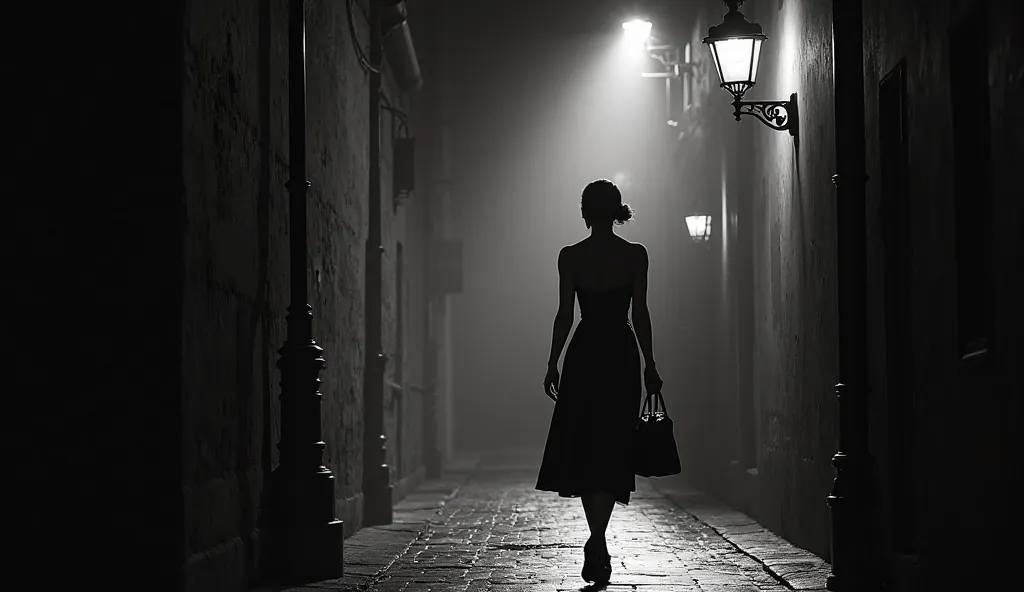 An elegant woman walks through a narrow and dark alley during the, years, her silhouette highlighted by the bright light of a classic cast iron pole and a wall lamp mounted on the side of the building..  The scene is in black and white , evoking a noir aes...