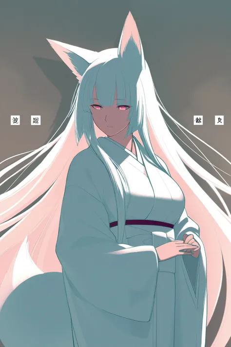 anime screencap, masterpiece, best quality, amazing quality, very aesthetic, newest, 1woman, adult, solo, white hair, long hair, pink eyes, fox ears, fox tail, furisode, tall, highres