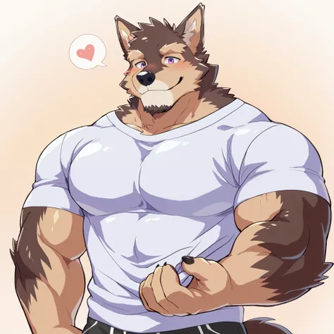 Scribble  German Shepherd face,Pubraseer(  German Shepherd),(Casual wear:1.3), Muscular ,  brown fur ，（ artist :Takemoto Arashi），Pull clothes by hand，（ buttock bulges:1.3） ，Purple Eyes，Smile，blush。