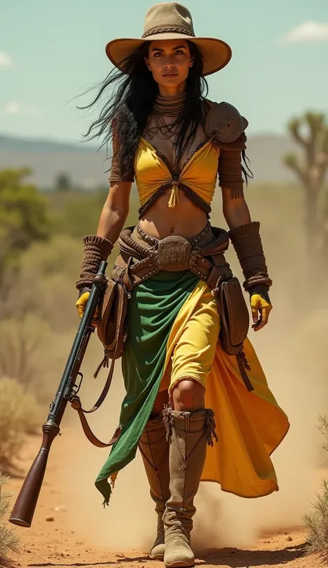 A fearless and sensual country warrior, strong in the arid lands of the Caatinga of Ceará. Her sexy armor, reflecting the green and yellow of the Ceará flag, is decorated with intricate leather details. She holds a long rifle and wears a wide-brimmed hat, ...