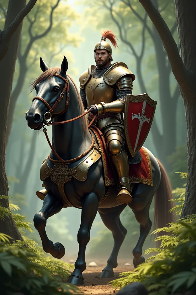 Imagine the representation of the man in armor on his horse in a forest with his personalized shield with the word "Javier".