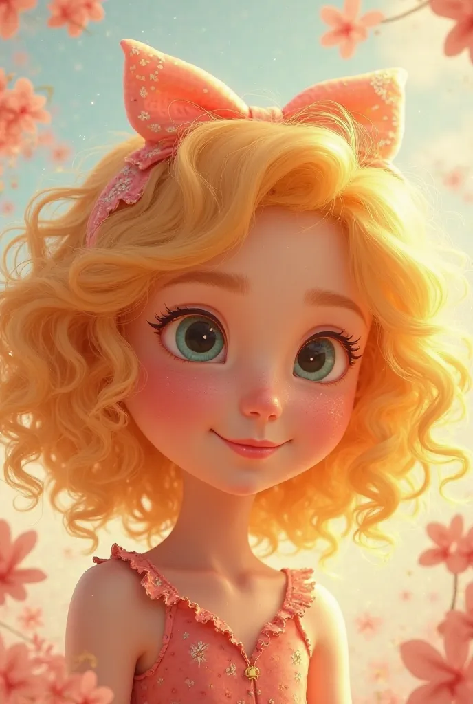  With bow on curly blonde hair animation style 