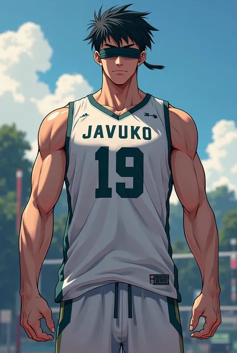  boy 6'1 tall wears a black blindfold wearing a white volleyball jersey named Javuko number 19 anime character black hair