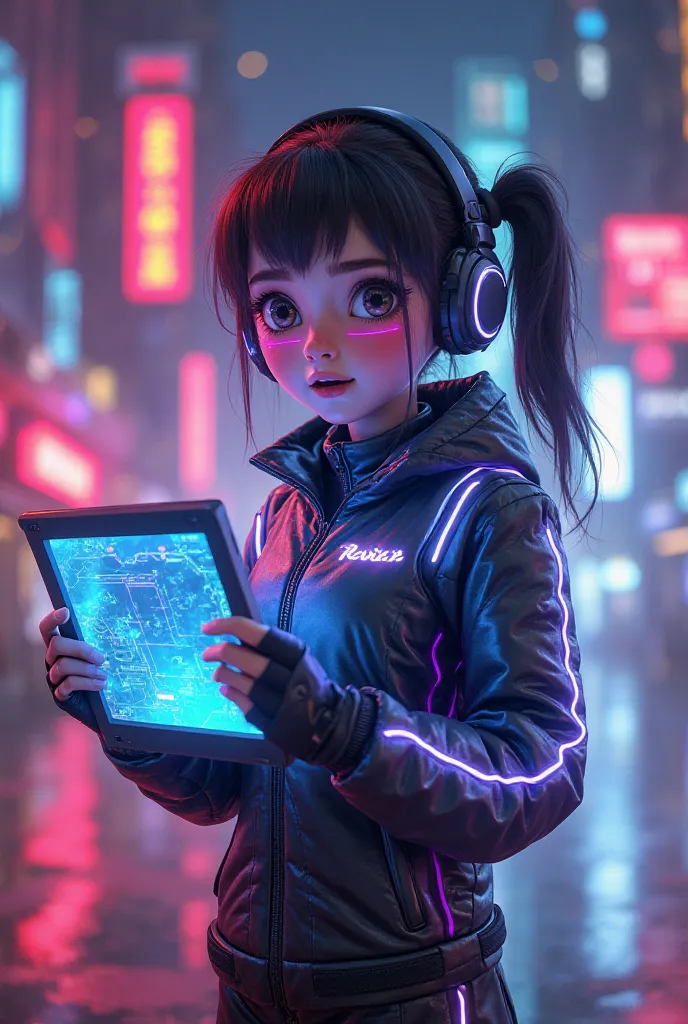 Description: A stylish futuristic  wearing neon-lit techwear, holding a holographic tablet, with a cyberpunk city background.
Prompt: "A futuristic cartoon-style , wearing neon cyber-techwear, glowing elements on the outfit, standing in a cyberpunk city wi...