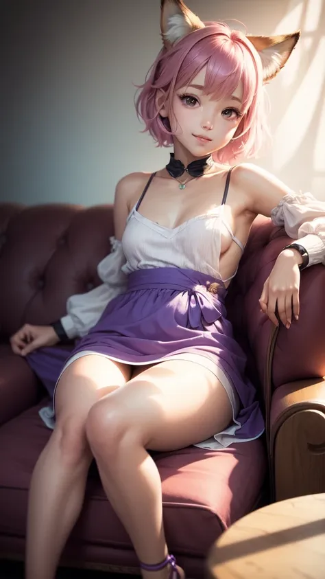 1girl, realistic, (looking at viewer:1), (ulzzang-6500:0.66), thighs, bare legs, dappled sunlight, best quality, ultra high res, (photorealistic:1.4), YaeMiko, fox ears, short hair, pink hair, yae_sakura, jewelry, cherry blossoms, (smile:1), hair_ornament,...