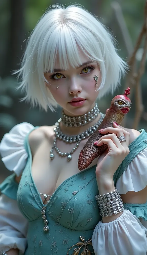 An albino female pirate, short hair Chanel silver, yellow eyes with white pupil, mermaid scales on her cheek, wearing elegant clothes, photorealistic studio portrait, dramatic lighting, vibrant colors, high level of detail