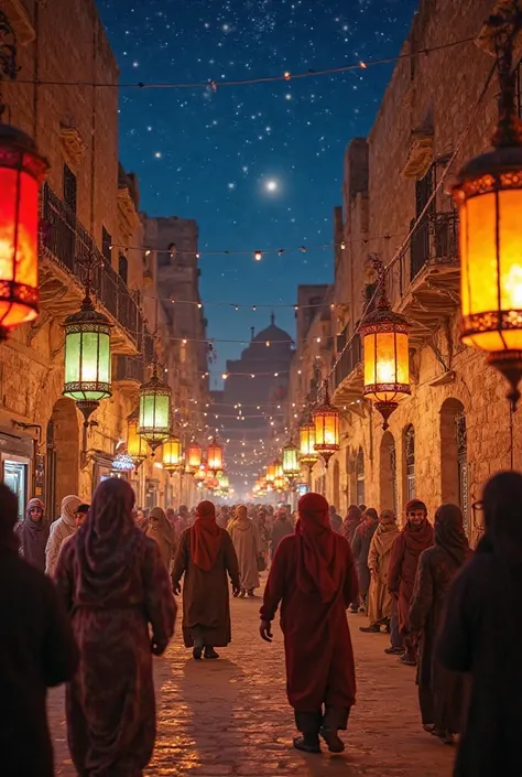 "Create an image of ren in Old Sana'a, Yemen, at night, holding colorful Ramadan lanterns. The scene is filled with the warm glow of the lanterns, highlighting the ancient architecture with intricate details and stone buildings. The atmosphere is festive, ...