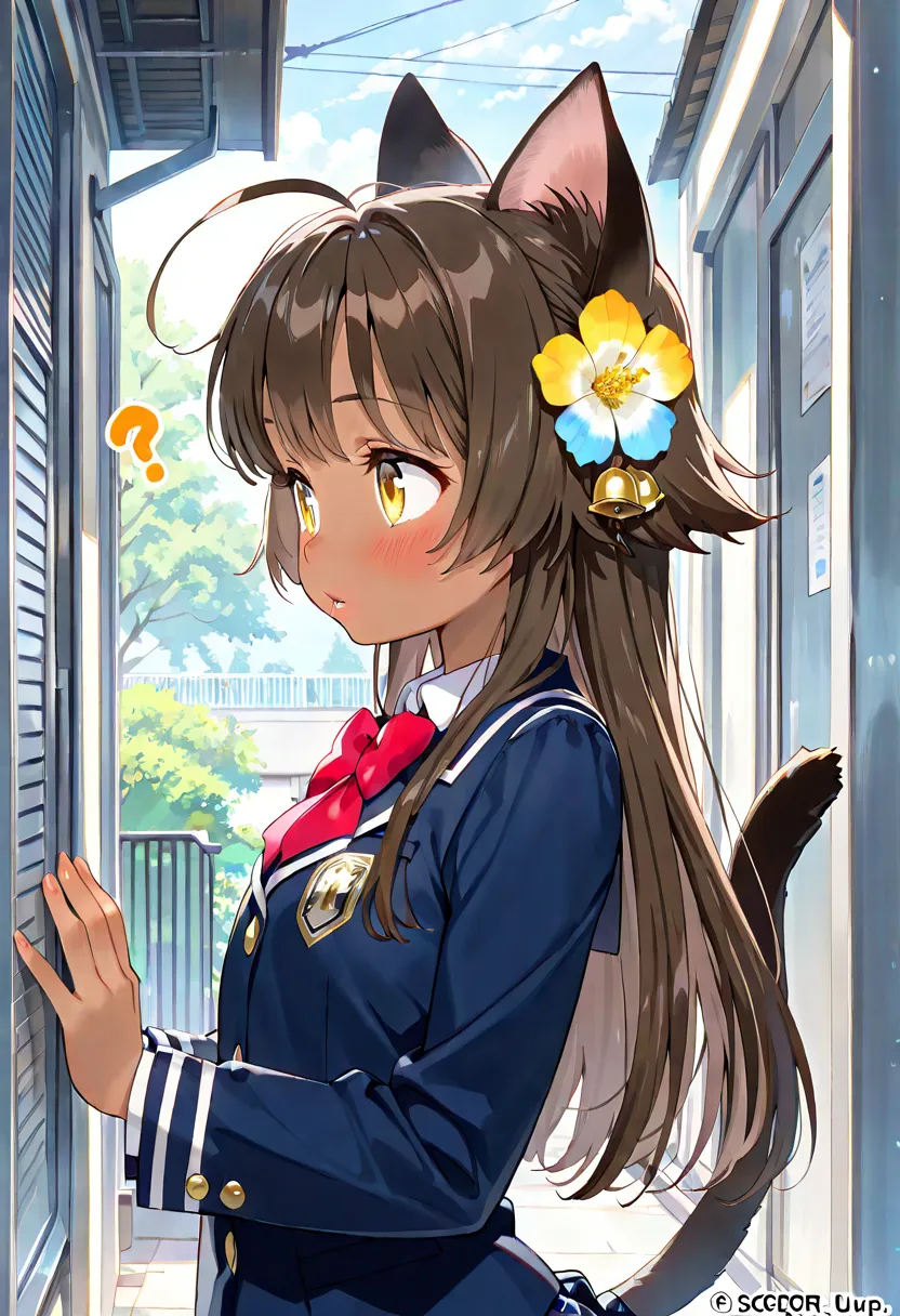 solo, 1girl, female, young, animal ears, cat ears, cat tail, brown hair, ahoge, long hair, dark skin, dark-skinned fermale, yellow eyes, cute face, detailed eyes, round face, slender body, slim body, thin body, , short height, perfect anatomy, detailed ski...