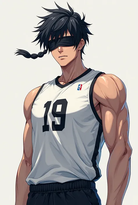  boy 6'1 tall wears a black blindfold wearing a white longsleeve volleyball jersey named Javuko number 19 anime character black hair