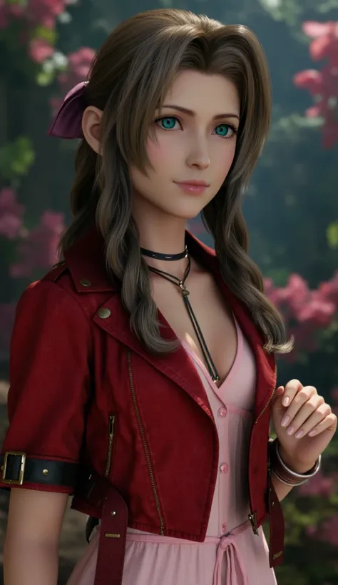 (masterpiece:2.0), 一人in, (((( Aeris Gainsborough ,  red cropped jacket that flows along with the details , hair bow, bracelet,   pink dress  , brown boots)))), , ~in_side,  Cowboy Shooting ,   Spread your pussy  ,flower , ( Flow along with the details :1.7...