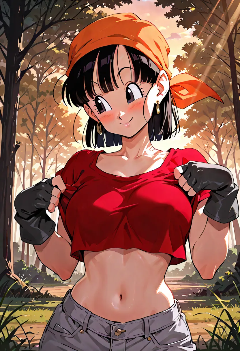 score_9, score_8, BREAK, solo, 1girl, (pan from dragon ball GT), high quality best quality, (high detail), adorable face, orange bandana, short sleeves red crop top, grey jeans, grey fingerless gloves, stomach exposed, navel, adult woman, mature woman, bre...