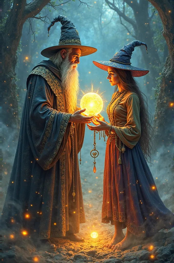 Tattoo of a wizard and a witch holding a magic sphere