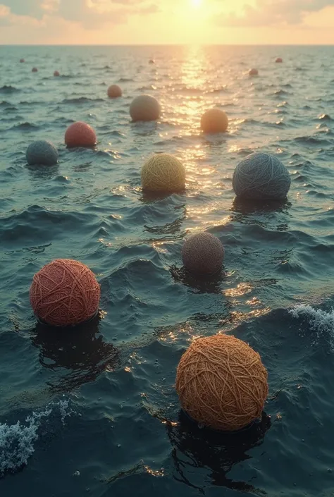 An image of the sea with an oil spill and with balls made of reused fabric absorbing oil
