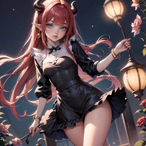 1girl, dress, jewelry, red hair, horns, flowing hair, long hair, solo, dark roses, firefly, pointy ears, floating hair, ornament hair, Looking at the viewer, flowing hair, magical girl, Beautiful Eyes, maid, maid dress, maid headdress, white headdress, mai...